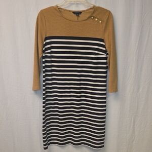 Lands' End Women's Long Sleeve Striped Dress - Tan and Black
